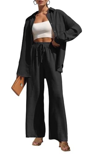 Lepunuo 2 Piece Outfits for Women Casual Lounge Sets Long Sleeve Button Down Shirts and Wide Leg Pants Sets Tracksuit