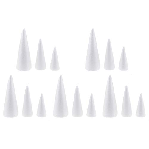 F Fityle 15-Piece 15cm 20cm 25cm Mixed Polystyrene Cones Styrofoam Foam Craft Cone Shapes