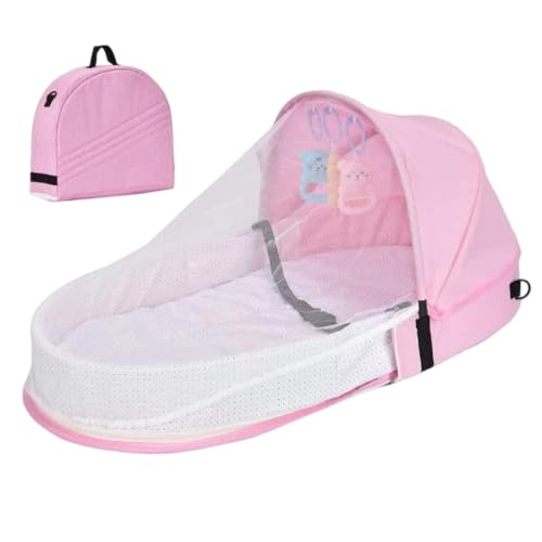 Cuna portátil plegable para bebé con red protectora de lino lavable 7