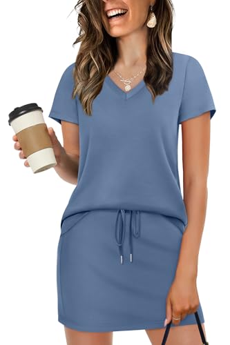 Niashot Summer Sets Women 2 Piece Outfits 2026 Golf Tennis Dress With Shorts Skirts Spring Break Essentials V Neck Athleisure Workout Sets Clothes Vacation Cruise Outfits Grey Blue L