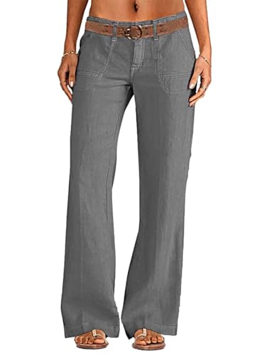 Flamingals Women's Linen Pants Low Rise Wide Leg Pants Flare Dress Pants Without Belt