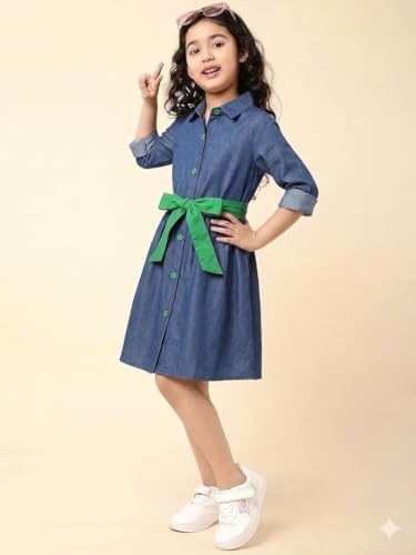 Image of A.T.U.N. (ALL THINGS UBER NICE) Girls 100% Cotton Shirt Dress with Belt | Button-Down Dress with Collar Neck | Soft Breathable Kids Outfit for Girls