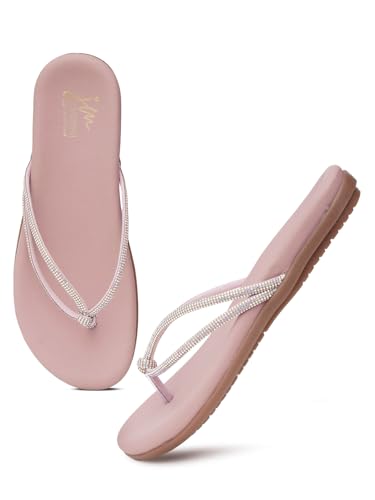 Image of JM LOOKS Elegant Embellished Shimmer Strap Flip Flops Comfortable Lightweight Daily Wear Flat Sandals For Women