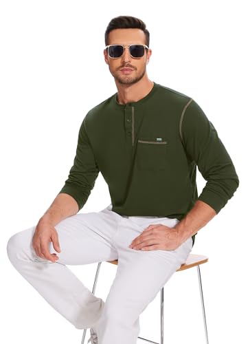 Men's Long Sleeve Henley Shirts Button V-Neck T-Shirt Classic Causal Cotton Blend Tops with Pocket4