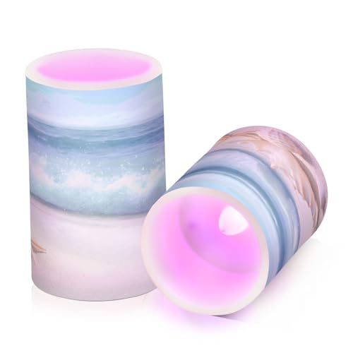 Image of Flickering Flameless Candles, Shells Summer Sandy Beach LED Candles with Remote Timer, Set of 2 Battery Operated Candle for Valentine Wedding Birthday