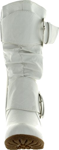 Lucky Top Girls Pure-65K Kids Fashion Slouch Buckles Mid-Calf Zipper Wedge Heel Boots,White,93