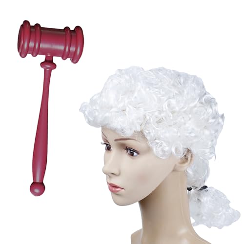Perruque baroque,Perruque blanche pour homme femme perruque,Perruque de juge,Marteau en plastique,Maquillage d'halloween accessoires de fête à thème