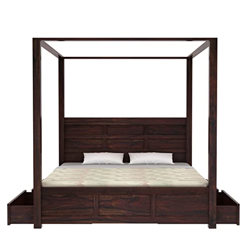 Image of Solid Sheesham Wood Queen Size Poster Bed 4 Drawer Storage for Bed Room Living Room Home Wooden Double Bed Palang Solid Wood Bedroom Furniture for Hotel (Walnut1 Finish)