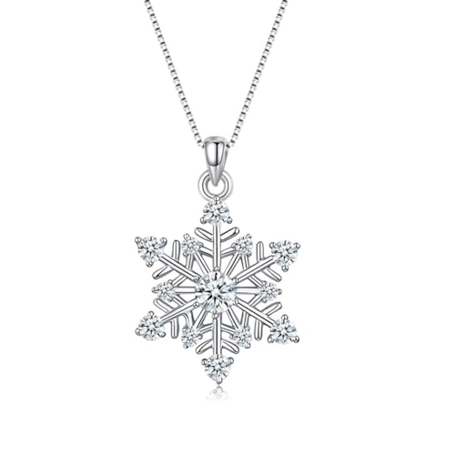 Zolkamery Silver Christmas Necklace for Women, 925 Sterling Silver Snowflake Pendant Necklace with 5A White Zirconia, Hypoallergenic 45+5cm Long Chain Xmas Necklaces, Gift for Ladies Wife Girls