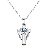 FULCOL Cross Necklace for Women Men 5A CZ Aquamarine Birthstone Necklace Angle Wing Cross Pendant Necklace Birthday Gifts for Girlfriend Wife