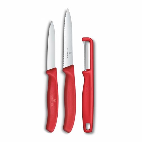 Victorinox Swiss Classic Set di coltelli per verdure con pelapatate, spelucchino e coltello per pomodori, 3 pezzi, lama diritta e seghettata, acciaio inox, Rosso
