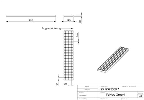 Fenau - Garagen-Gitterrost 190 x 990 x 30 mm, MW: 30/30 mm, verzinkt, Rost für Zarge: 200 x 1000 x 33 mm, Bau-Normrost für Lichtschacht