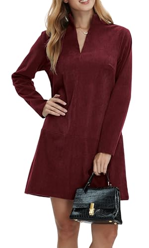 EZAPINE Damen Cordkleid V-Ausschnitt Langarm Casual Vintage Retro A-Linie Minikleider, Rot/Ausflug, einfarbig (Getaway Solids), X-Groß