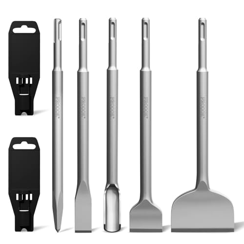 SDS Plus Chisel Set 5Pcs Tile Removal & Concrete Hammer Drill Bits 40Cr Alloy Steel Scaling Chisel for Demolition Chipping Grooving Removing Thinset Mortar Cement Vinyl