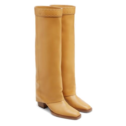 Trelako Fold Over Knee High Boots For Women Square toe Pull On Chunky Heel Dress Long Shark Boots Wedge Heel High Boots