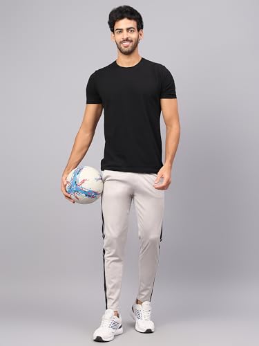 Image of Men 4 Way Lycra Bottom Contrast Striped Gym, Yoga & Sports Wear Stretchable Dri Fit Track Pant with Zipper Pockets Light Grey Medium