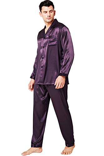 Lonxu Pajamas Set Mens Silk Satin Pajamas Long Sleeve Loungewear Two-Piece Sleepwear Button-Down Pj Set S-XXXXL