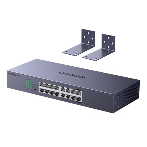 Image of UGREEN 16 Port Gigabit Switch, Rackmount Plug & Play Ethernet Switch, 4 Mode, Unmanaged Network Splitter for Office & Business, Metal Fanless Desktop & Wall Mount Hub for NAS, PC, Printer, Router
