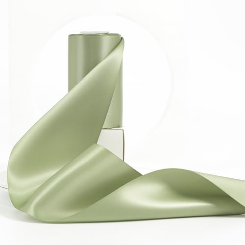 HUIHUANG Sage Green Ribbon 4 Wide Double-Faced Satin Ribbon Spring Moss Green Thick Fabric Ribbon for Chair Sash Wedding Decor Large Bows Making Flower Bouquet Sewing Wreath Crafts -10 Yards/Roll
