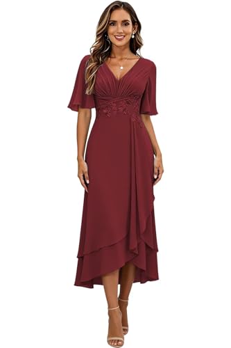 Image of Lace Applique Mother of Bride Dresses Chiffon Mother of the Groom Dresses Tea Length Formal Evening Dress with Sleeve