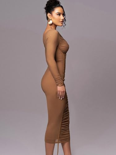 Image of Women Sexy Mesh Maxi Dress Off Shoulder Long Sleeve Bodycon Ruched y2k Club Party Concert Night Rave Outfits