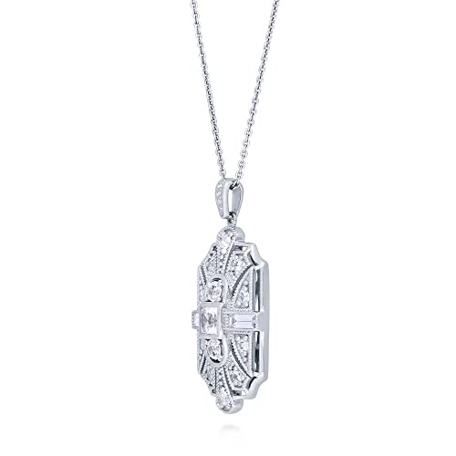 BERRICLE Sterling Silver Vintage Inspired Art Deco Cubic Zirconia CZ Milgrain Pendant Necklace for Women, Rhodium Plated 18 inch2