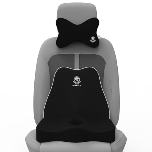 Image of MRRON Memory Foam Car Seat Cushion Combo - Backrest, Coccyx Cushion & Neckrest - Orthopedic Support for Back, Sciatica & Neck Pain - Ergonomic Comfort for Car, Office. (Black, Slim Backrest)