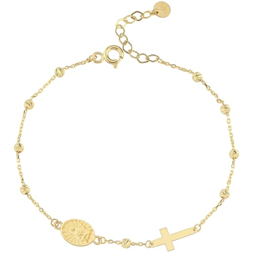 Image of MIONZA Catholic Medal Cross Bracelet for Women | 14K Gold Plated or Solid Gold, Religious Rosary Jewelry, Choose Your Saint Medal Bracelet