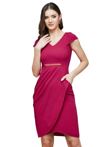 Image of Life With Pockets Women's V-Neck Cap Sleeve Solid Wrapped Polyester Knee-Long Dress