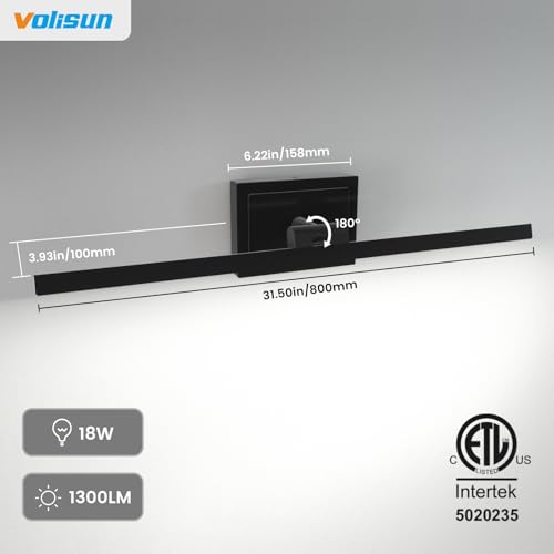 Image of VOLISUN Modern Bathroom Vanity Light 31.5 inch, Rotatable, 18W Dimmable 5CCT Led Bathroom Light Fixture Over Mirror, Black Bar Vanity Light for Bathroom Mirror Cabinets-ETL Certificated