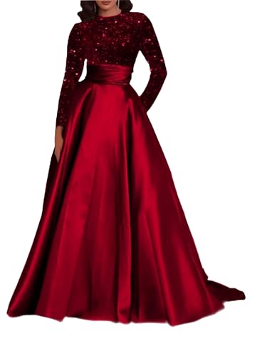 Long Sleeves Ball Gowns Prom Dresses Sequin Satin Formal Evening Gown A Line Ball Gown with Pockets Wine Red