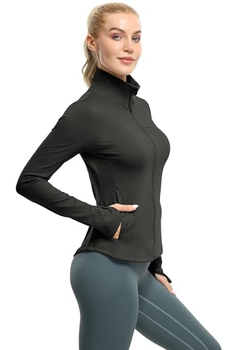icyzone Women's Zip Up Athletic Workout Gym Running Yoga Jackets with Thumb Holes & Pockets4