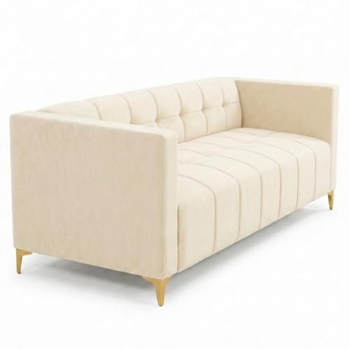 Image of FURNY Styliving 4 Seater L Shape Sofa Set with Movable Ottoman & Golden Legs | Flexible Left or Right Layout | Plush Velvet Fabric (Cream) | Perfect for Living Room, Guest Room & Office