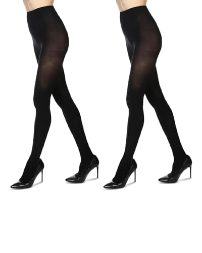 MeMoi 2 Pack Perfectly Opaque Tights, Microfiber Control Top Tights, Comfortable and Lightweight - Sizes Extra Small to Q2, Black, S-M