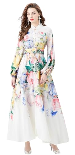 LAI MENG FIVE CATS Women's Floral Print Puff Sleeve Button Up Split Party Flowy Maxi Dress