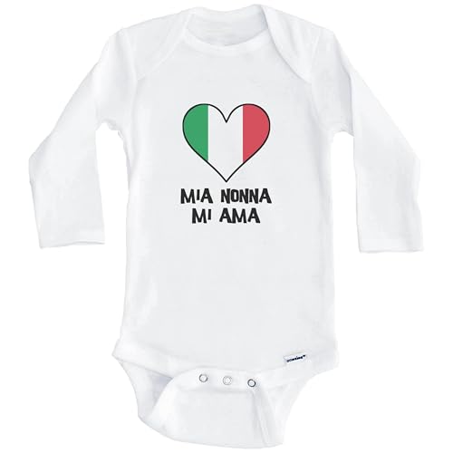 My Grandma Loves Me Italian Language Italy Flag Heart One Piece Baby Bodysuit - Mia Nonna mi AMA (Long Sleeve)