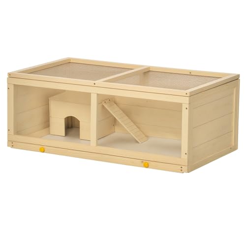 PawHut Wooden Hamster Cage, Small Animal Cage with Sliding Tray, Openable Top, Hut, Exercise Play House for Syrian Hamsters, Natural Wood Finish