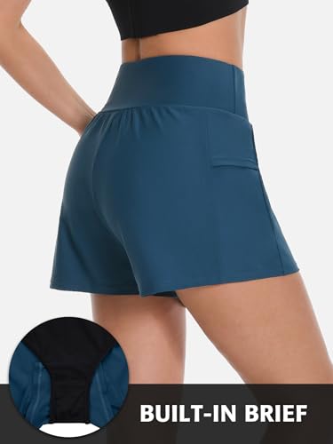 Image of ATTRACO Women's 3 inch High Waisted Swim Board Shorts Pleated Summer Beach Shorts with Pockets