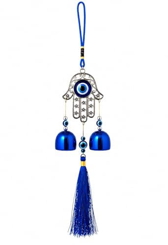 Image of Decorative Wind Chime for Home | Wooden House with Bells Colourful Beads | Positive Energy Balcony Living Room Hall Garden Home Decor (Hand Evil Eye)