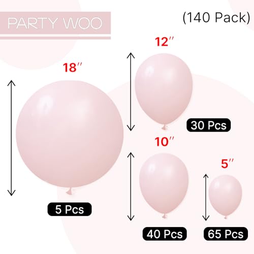 Image of PartyWoo Baby Pink Balloons 140pcs Different Sizes of 18 12 10 5 Inch Pastel Light Pale Pink Balloon Arch Kit for Baby Shower Gender Reveal Wedding Princess Birthday Party Decorations Pink-Q18