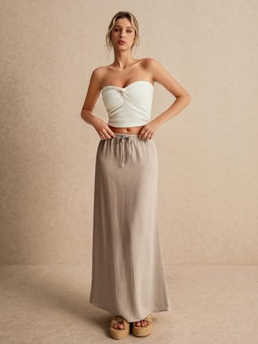 EARKOHA 2025 Women's Summer Maxi Skirt Drawstring Low Waist A Line Linen Long Flowy Skirts Khaki M3