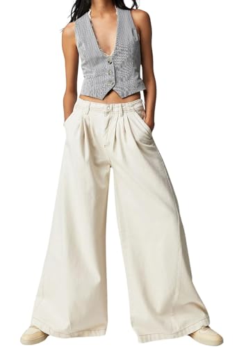 CHARTOU Women Baggy Denim Cargo Pants Jeans Y2k Wide Leg Pants Casual Oversized High Waisted Culottes with Pockets