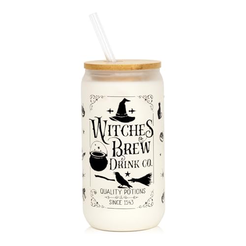 Joyseller Halloween Glass Cup, 18oz Frosted Witch Iced Coffee Can Cup Tumbler with Lid and Straw, Witch Tumbler Beer Can Glass, Halloween Gifts Decorations