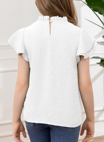 Image of DOKOTOO KIDS Girls Tops Short Sleeve Shirts Summer Blouse Size 6-15 Years | None Elastic Fabric, Ruffle Sleeve, Swiss Polka Dot, Smocked, Crew Neck, Key Hole Back, Dress Spring Outfit, Casual Tee
