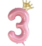3 Number Balloon Pink 40 inch Big Foil Crown Helium 3rd Balloons for 3 Year Old Boy Girl Birthday...