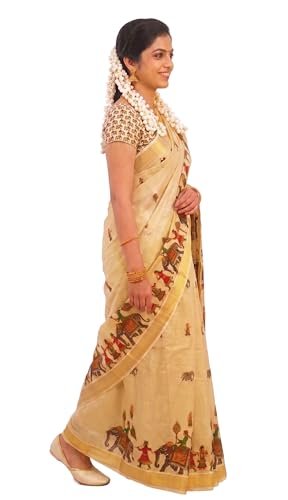 Image of Women's Mural Printed Kerala Gold Tissue Saree with Running Blouse Piece | Traditional South Indian Ethnic Saree for Festivals, Weddings & Special Occasions