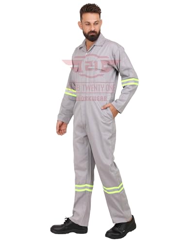 Image of CLUB TWENTY ONE Men's High Visibility Cotton Coverall with Green and Silver Reflective Tape | Multiple Pockets Zipper Front