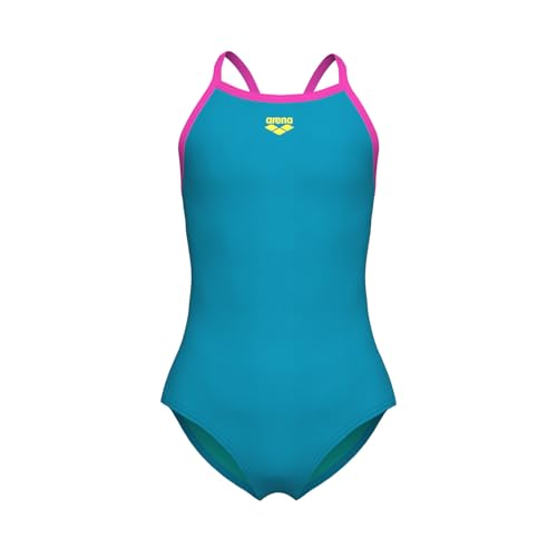 Image of ARENA Feel Girls' Junior Solid Light Drop Back Swimsuit Thin Straps Chlorine Resistant Quick Drying Comfortable One Piece Bathing Suit, Eyeblush Blue /Shocking Pink, US Size 6Y /24