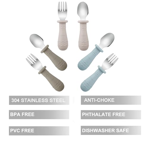 PandaEar 6 Pack Toddler Cutlery Set| Baby Fork and Spoon Set| Stainless Steel Childrens Kids Baby Cutlery Self Feeding 12 Months Plus with Silicone Holding Anti-Choke Design (Light Tan/Walnut/Blue)