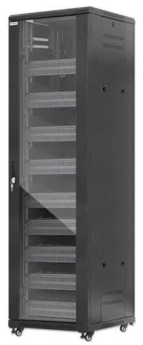 Intellinet 42U Network Server Rack Enclosure Cabinet with Integrated Fans – IP20 Rated, Reversible Tempered-Glass Front Door, Removable Side Panels – 3 Yr Mfg Warranty